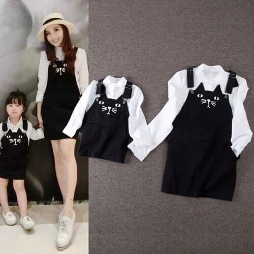 Mother Daughter Dresses 2017 Autumn Winter 2pcs Cat Children Girls Clothing Sets Mom and Daughter Denim Dress Shirt + Overalls