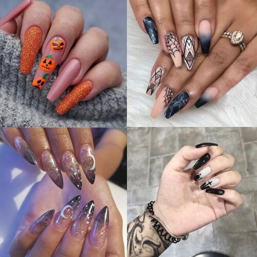 24pcs/box Detachable Halloween Style Ballerina Stiletto False Nails Tips Wearable Coffin Fake Nails Full Cover Manicure Tool