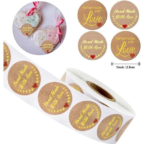500pcs Gold Round Sticker Hand Made with Love Kreft Paper Sticker Gift Bag/box Packaging Seal Labels Sticker
