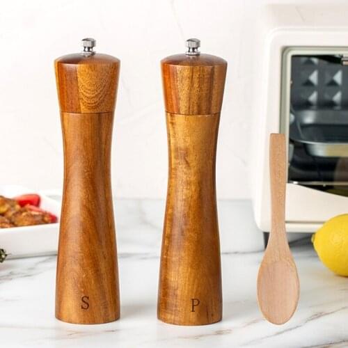 Acacia Wood Salt And Pepper Grinder Set Manual Pepper Grinder Mill with Spoon Salt Shaker Grinder for BBQ