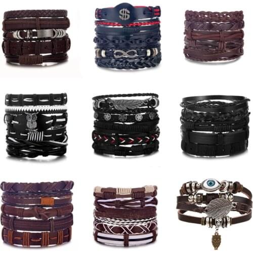 ALIUTOM Mix Style Vintage Multiple Charm Leather Bracelets Set For Men Woman Fashion Punk Wristbands Leather Bracelet Bangles
