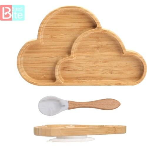 Bite Bites 2Pcs/1Set Baby Feeding Cartoon Cloud Bamboo Dinner Plate Silicone Suction Cup Wooden Spoon Kid Personalized Gifts