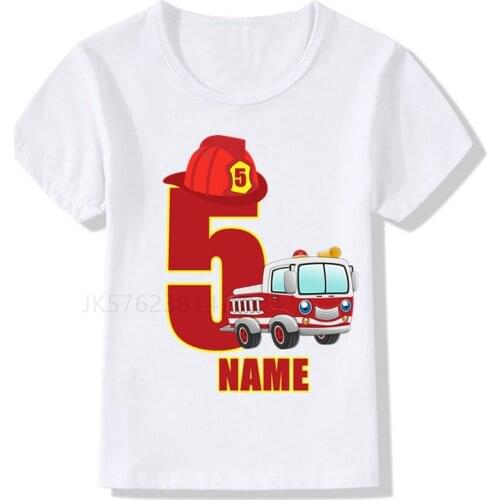 2021 Boys/Girls Cool Firefighter Car Birthday Numbers T-Shirt Children Boys Happy Birthday T Shirt White T-Shirt Baby Girls Top
