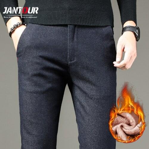 Jantour Brand Men Clothing Winter New Fleece Pants Men Fashion Casual Business Trousers Classic Blue Grey Straight Long Pants