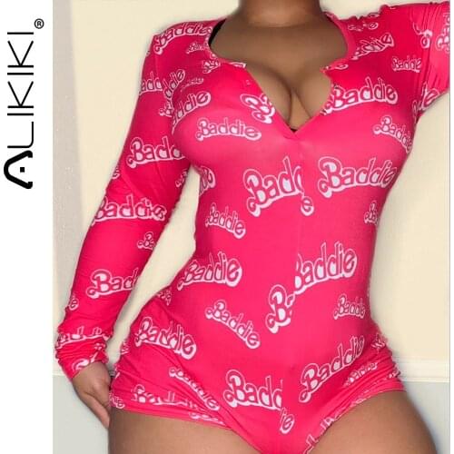 Wholesale Sexy Women Onesie Bodysuit Long Sleeve Deep V Neck Stretch Crop Top Button Romper Pajamas Onesies Jumpsuit Sleepwear