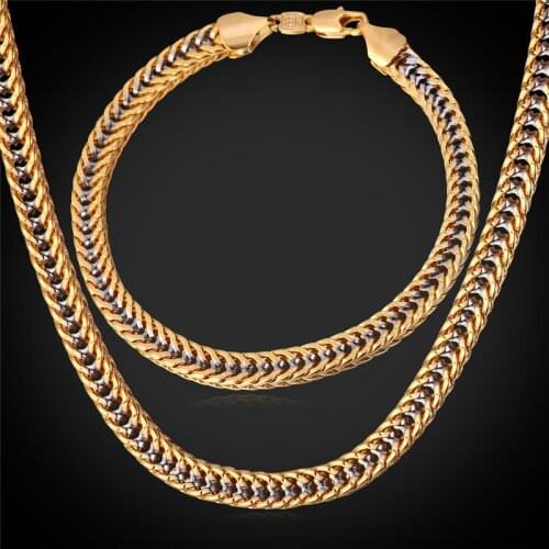 Kpop Two Tone Jewelry Necklace Cuban Chain Set For Rock Men/Women Wholesale yellow Gold Color Vintage Set Gift NH144