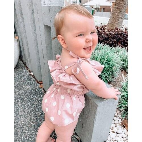 Toddler Summer Rompers, Polka Dot Tied Shoulder Straps Flounce Elastic Jumpsuits for Baby Girls, 0-24 Months