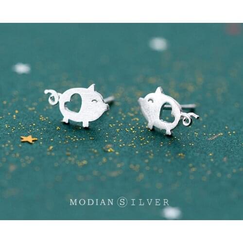 Modian 100% Real 925 Sterling Silver Animal Cute Small Pig With Heart Stud Earrings for Women Grils Sterling Silver Jewelry Gift