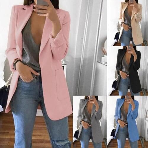 Fashion Women Solid Color Large Size Open Front Pockets Jacket Coat Cardigan Long Office Blazer