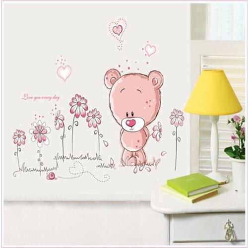 Cartoon bear flower glass vinyl wall stickers for kids rooms home decor living sofa wall decals house removable wallpape