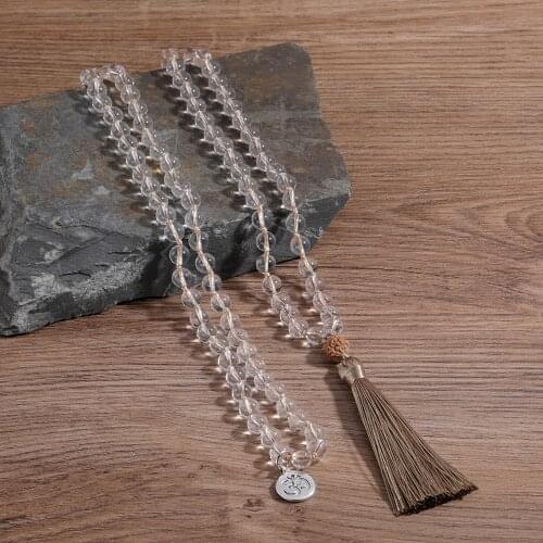 OAIITE Mala Necklace 108 Mala Crystal Beads Knotted Necklaces Gray Tassel Necklace Yoga Jewelry Gift For Girlfriend
