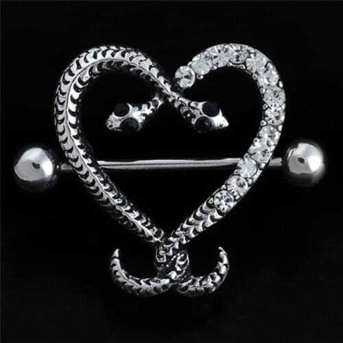 Double Snake Head Nipple Piercing Sexy Serpentine White Pink Heart Shaped Nipple Rings Body Jewelry Women Bar Barbell Piercing