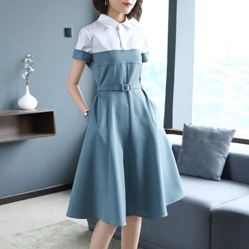 Vestidos Summer Elegant Fashion Short-sleeved Shirt Collar Dresses Slim Professional Temperament Large Swing Casual Dress Z323