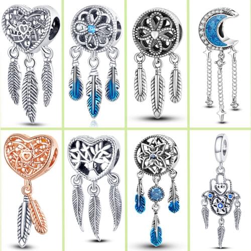 2020 New 925 Sterling Silver Openwork Heart & Three Feathers Dreamcatcher Charm Beads fit Original Pan Bracelet 925 jewelry