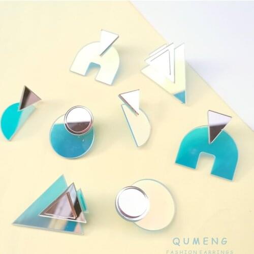 QUMENG 2020 Minimalist Reflective geometric Acrylic Earrings For Women Fashion Inverted triangle Earrings Nightclub punk Jewelry