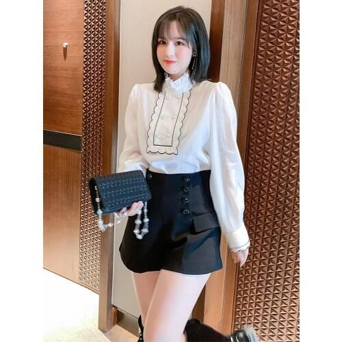 Court style wood ear stand collar bubble sleeve double breasted shirt girl 2021 Spring new