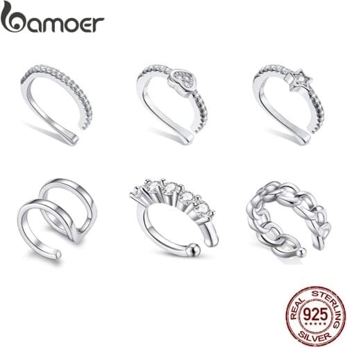 Bamoer 1 piece Silver Simple Ear Clip Earring 100% 925 Sterling Silver Whilte Zircon Earring Gift for Girl Fine Jewelry SCE1022