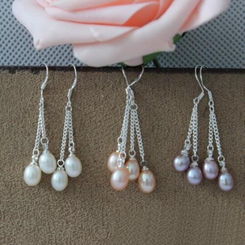 New natural Rice Freshwater White Pink Purple Beaded Pearl Charm Dangle 6-7mm Earrings 925 sterling silver
