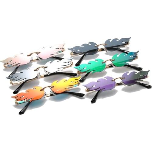 Rimless Wave Sunglasses Fire Flame Sunglasses for Men Women Streetwear Car Driving Glasses Trending Narrow Fashion UV400 Eyewear