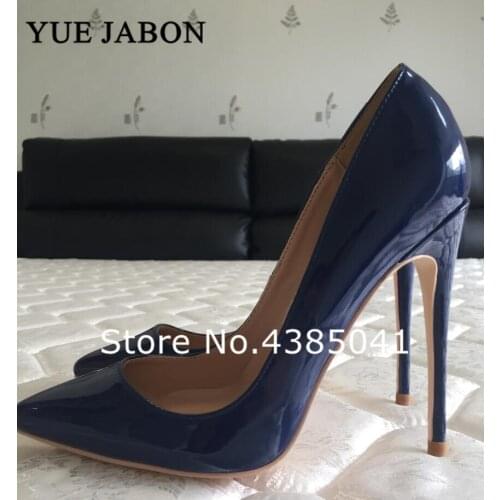 Dark Blue Spring Autumn Pointed Toe super thin high heel pumps Patent Leather Women shoes Big Size 35-43 Wedding Party Shoes