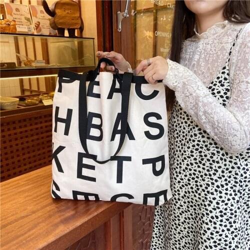Large Capacity Alphabet Cloth Shopping School Bags Women Canvas Tote Shoulder Bag Letters Printing Female Casual Handbags Simple