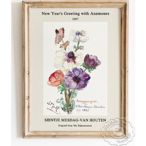 Sientje Mesdag Van Houten Exhibition Museum Poster, New Years Greeting With Anemones Wall Stickers, Flower Watercolour Wall Art