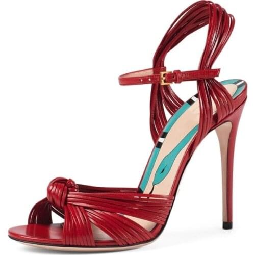 Gold Knot Sandals Cut Out Ankle Buckle Narrow Strap Ladies Shoes Hot Sale Runway Party Dress Sandals Thin High Heels