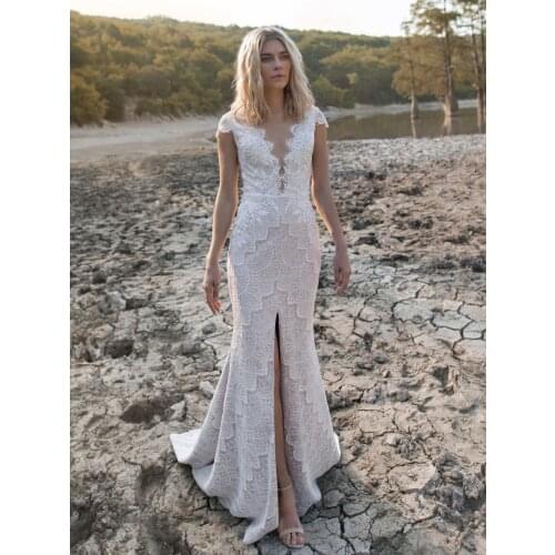 Boho Beach Mermaid Lace Wedding Dress Front Split V-Neck Bridal Gown Vintage 2021 Cap Sleeve Custom Made Plus Size Floor Length