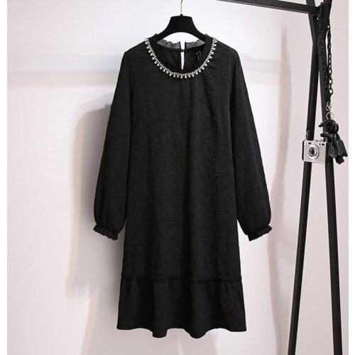 150Kg Plus Size Womens Autumn Loose Beaded Hook Flower Hollow Dress Bust 153cm 5XL 6XL 7XL 8XL 9XL Fashion Long-Sleeved Dress