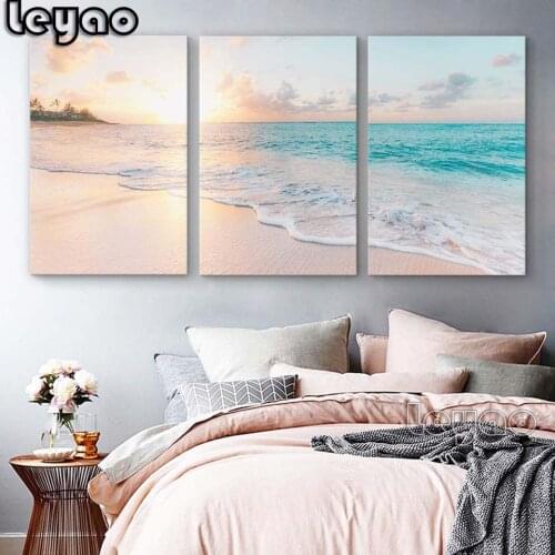 Diamond Painting Full Square/Round Romantic Beach Landscape Diamond Mosaic 3 Pieces 5D DIY Diamond Embroidery Sale Triptych