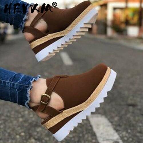 Womens Sandals Vintage Wedge Shoes Woman Buckle Strap Straw Thick Bottom Flats Platform Sandals Flock Female Shoes Summer 2021