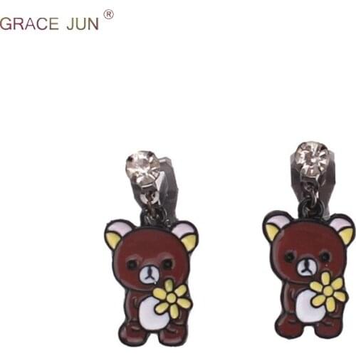GRACE JUN Rhinestone Enamel Small Flower Bear Clip on Earrings No Pierced for Kids Party Wedding Cute Cushion Earrings Good Gift