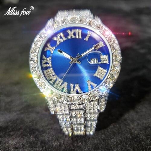 MISSFOX Men Watches Top Brand Luxury Ice Out Diamond Royal Blue Dial Couple Love Watches Waterproof Droshipping cadeau homme