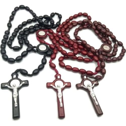 Jesus Wooden Beads 8mm Rosary Bead Cross Pendant Necklace Woven Rope Chain Jewelry Accessories