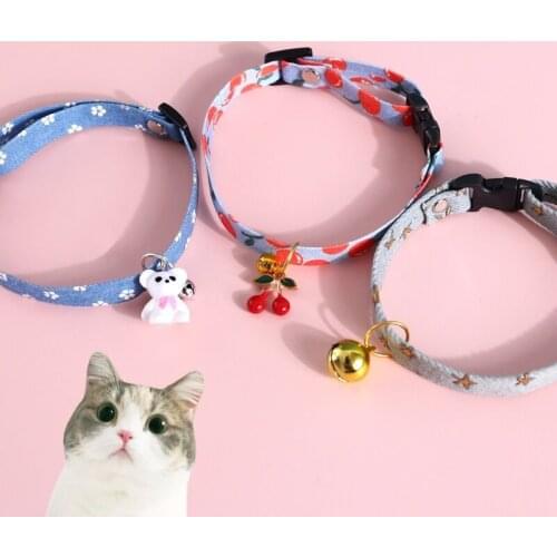 Denim 1pcs Kitten Bronzing Cat Collar Adjustable With Bell Bear Cherry Rainbow 8 Kinds New Pendant Puppy Dog Collar Pet Supplies