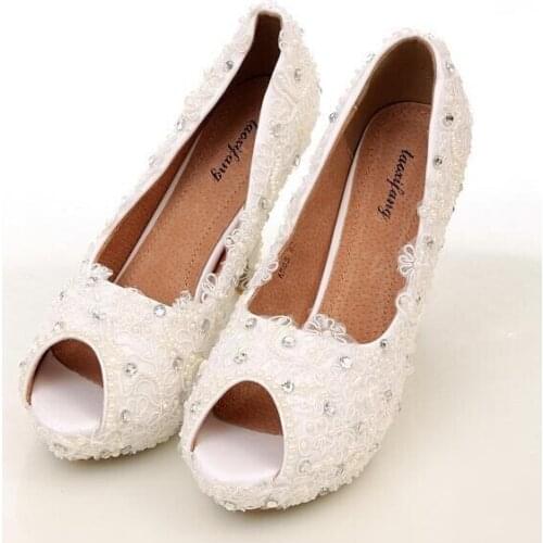 Elegant Ivory Lace Peep Toe Wedding Shoes Beautiful High Heels for Wedding Bride Bridesmaid Shoes Wedding Popular Shoes Woman