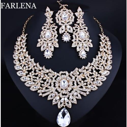 FARLENA Classic Indian Bridal Necklace Earrings and Frontlet set Luxury Bridal Wedding Crystal Rhinestones Jewelry sets