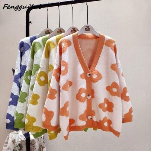 FENGGUILAI 2020 Spring Autumn Flower Knitted Sweaters Women Shirts Coat Fashion Cardigan Plus Size Knit Tops Loose Sweater