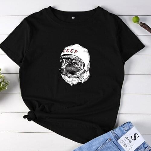 JCGO Summer Cotton Women T Shirt Plus Size 4XL 5XL Funny Astronaut Dog O-Neck Short Sleeve Woman TShirts Casual Ladies Tee Tops