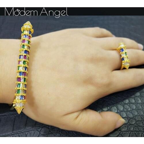 ModemAngel New Arrive Luxury Nail Special Convolution Shing Mixed Cubic Zirconia Wedding Saudi Arabic Dubai Bangle Ring Set