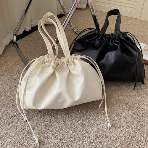 Fashion Solid Color Womens Shoulder Bag Casual PU Leather Cloud Pleated Drawstring Handbag Portable Lady Party Top-Handle Purse