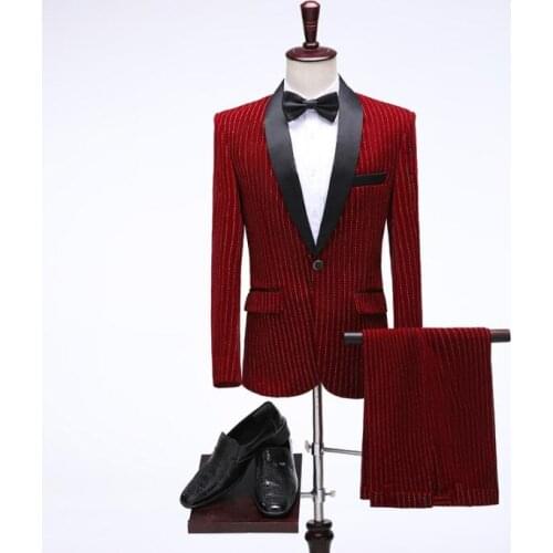 Singer men suit set with pants mens wedding suits stage slim wine red formal dress mens suit host clothing choir Costumes
