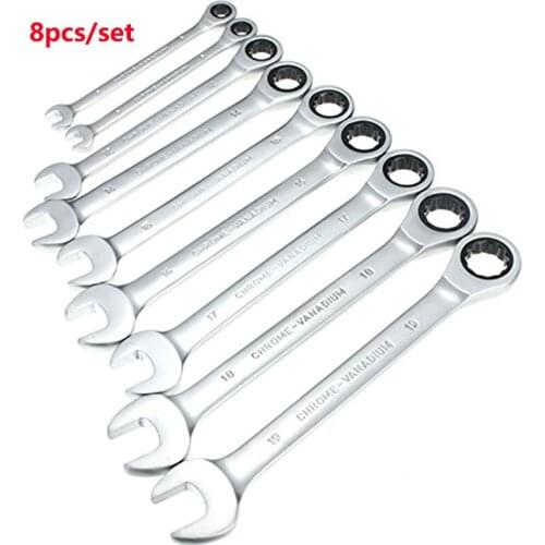 8pcs Ratchet Gears Wrench Set Reversible Combination Open End Wrenches Repair Tools Socket Spanner 8/9/10/14/16/17/18/19Mn