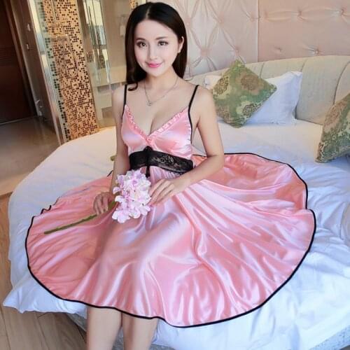 Satin Ice Silk Backless Women Nightgowns Summer Nightdress Sheer Chemises Nightshirt Lace Sleepwear Sexy Nightwear Trim Nightie