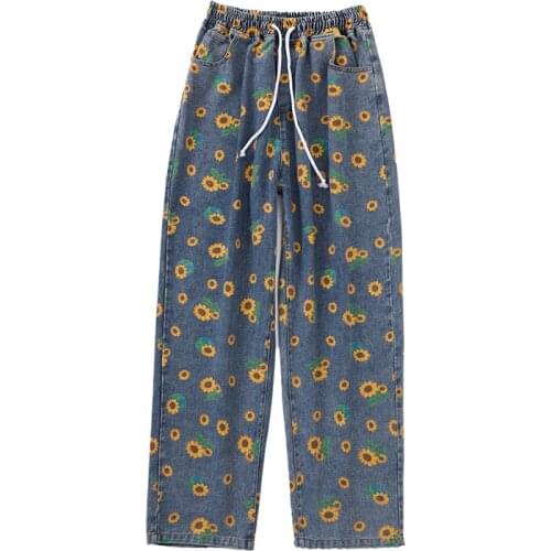 2020 new loose-fitting straight pants high street hip-hop sunflower print casual jeans trend mens and womens skateboards