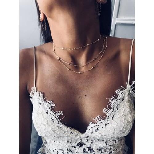 New Simple Boho Gold Silver Color Chain Beads Choker Necklace Women Double Layer Chocker Necklaces For Women Collar Jewelry