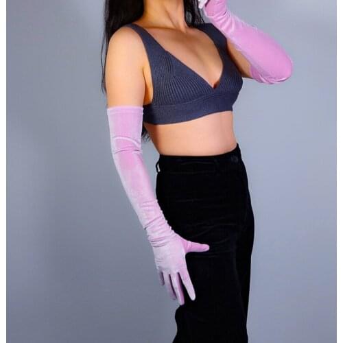 Gold Velvet Gloves Female 60cm 24" Opera Long Stretchy Elastic Flannel Party Evening Velour Gloves Women Touchscreen WSR49-60