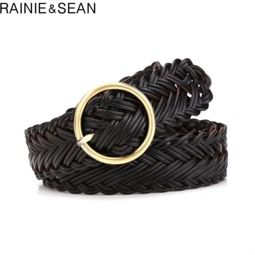 RAINIE SEAN Knitting Women Belt Leather Braided Belt for Women Black Round Buckle Woven Belt Female Casual Ladies Jeans Belt