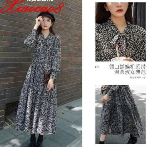 French Retro Print Ankle-Length Gilr Basic Dress Plus Size Elagent Bow Long Sleeve Dresses For Women Vestidos 2021 New Fashion