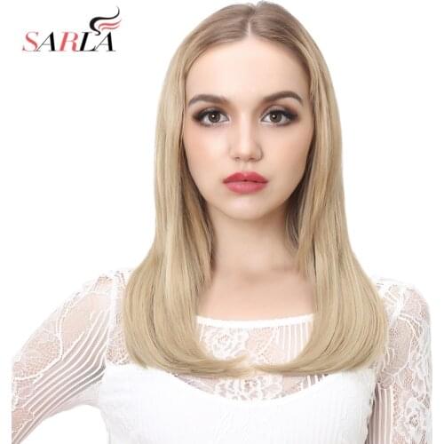 SARLA U Part Half Wig Synthetic Straight Short Bob Clip in Natural Head Half Up Half Down False Blonde Hairpieces Womens UW06
